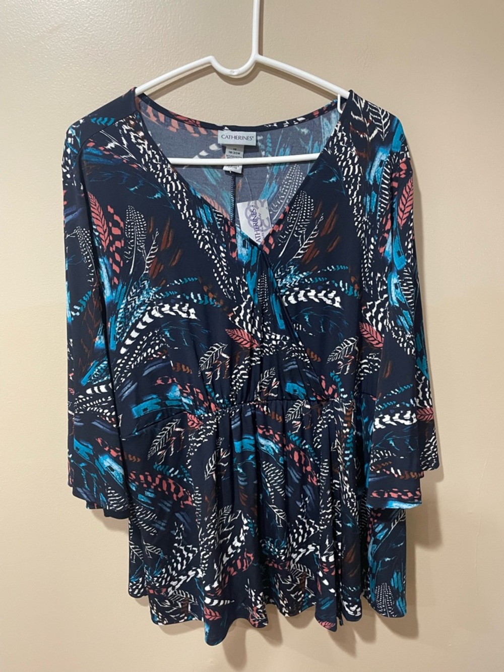 Catherines Navy Multi-Color Feather Print V-Neck Peplum Tunic